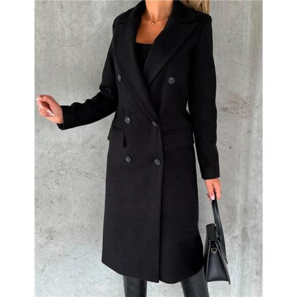 Womens Long Wool Coat Double Breasted Trench Coat Black - Picture 2 of 3